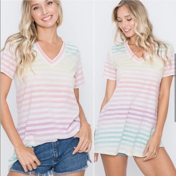 Women’s Casual comfortable colorful striped T-shirt short sleeves - Picture 2 of 5